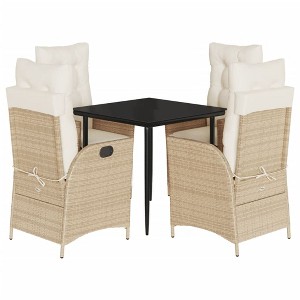 vidaXL 5 Piece Patio Dining Set with Cushions - Beige Poly Rattan Reclining Chairs & Tempered Glass Table - Outdoor Garden & Backyard Furniture - 1 of 4