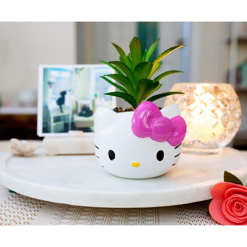 Silver Buffalo Sanrio Hello Kitty Face 3-Inch Ceramic Mini Planter with Artificial Succulent, 3 of 8