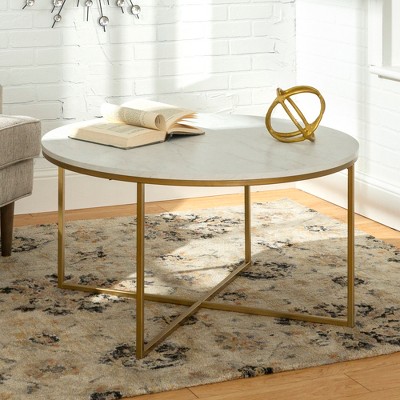 Modern Glam Round Faux Marble Coffee Table with X-Base - Faux White Marble/Gold