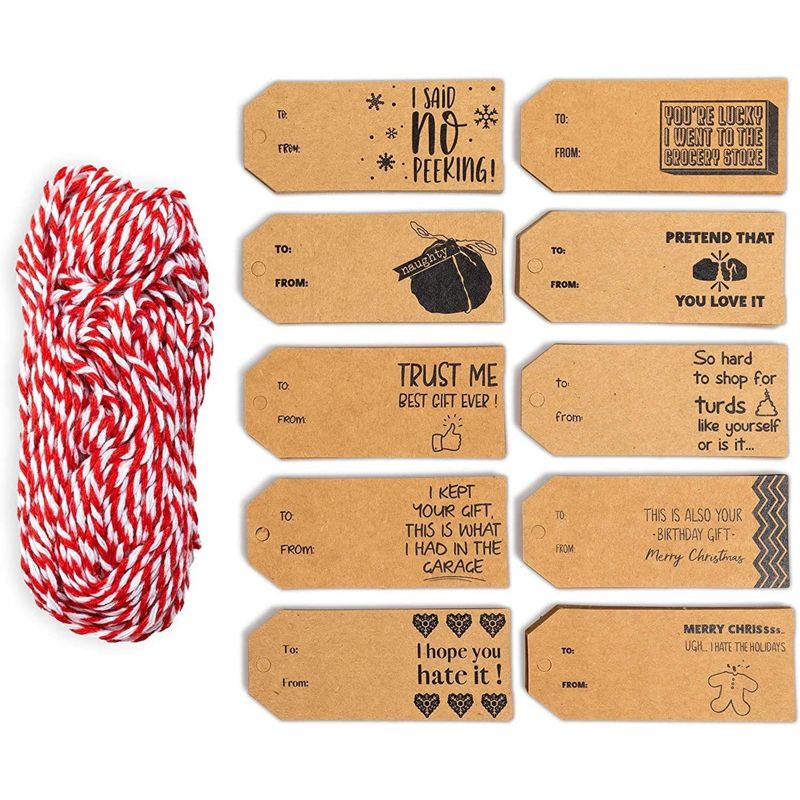 Bright Creations 200 Pieces 10 Styles Funny Christmas Kraft Paper Hanging Gift Tags with Twine for Gift Wrapping, 3 of 9