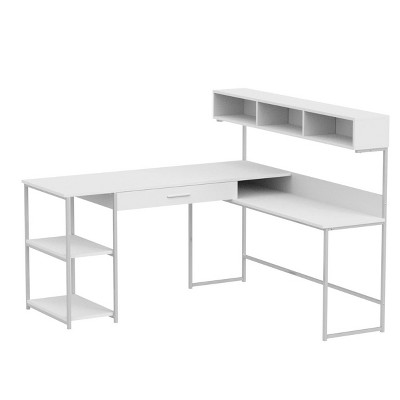 Contemporary White & Silver L-Shaped Computer Desk with Hutch and Drawer
