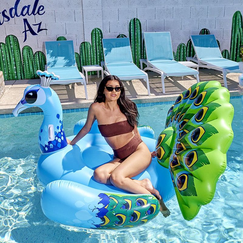 Syncfun 66"  Ride On Pool Float Peacock Giant Green Inflatable Peacock Ride on Raft for Swimming Pool, Beach Floaties Raft, 4 of 9
