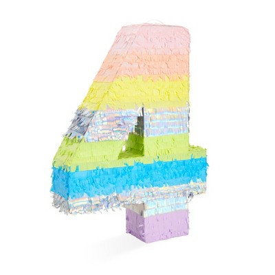 Blue Panda Large Number 4 Pinata for 4th Birthday Party Decorations, Rainbow Pastel, 21 x 15 In