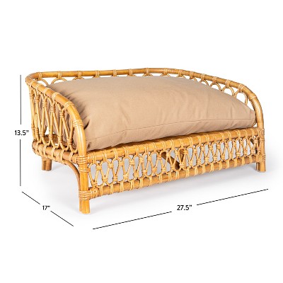 Natural Handwoven Rattan Dog Daybed with Washable Cushion, 27.5" x 17"
