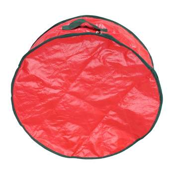 Northlight 24” Red and Green Christmas Wreath Round Storage Bag with Carrying Handle