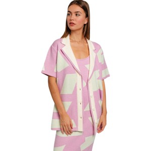 Slickblue Women’s Cardigan, Geometric Knit with Collar, Short Sleeve Button Top, Modern Style, M, Pink Mint - 1 of 3