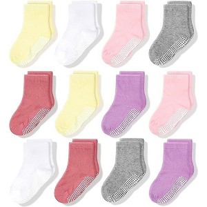 Cozyway Non-Slip Crew Grip Toddler Socks, 12 Pack for Girls, Pastel Colors, 3-5 Years Old - 1 of 4