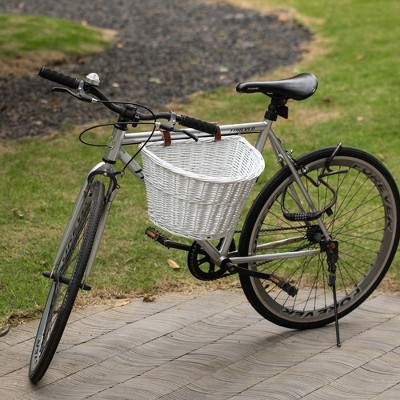 White Wicker Front Cargo Bike Basket with Faux Leather Straps