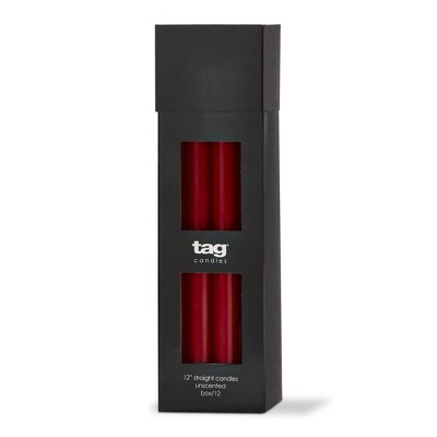 TAG Color Studio 12" Straight Taper Unscented Smokeless Paraffin Wax Candle Red, Burn Time 12 hrs. Set 12