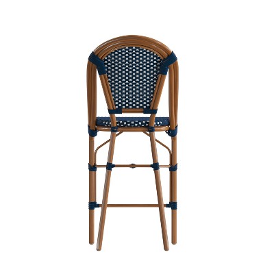 Navy and White PE Rattan Bistro Counter Stools with Bamboo Metal Frame, Set of Two