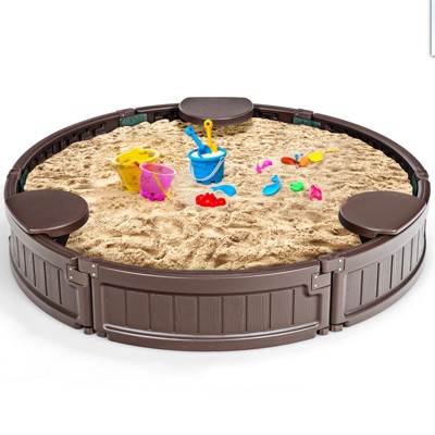 Safstar 4F Wooden Sandbox w/Built-in Corner Seat, Cover, Bottom Liner for Outdoor Play