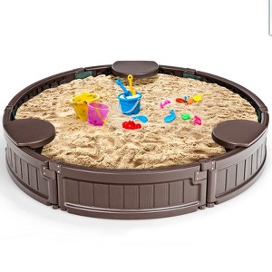 Safstar 4F Wooden Sandbox w/Built-in Corner Seat, Cover, Bottom Liner for Outdoor Play - 1 of 4