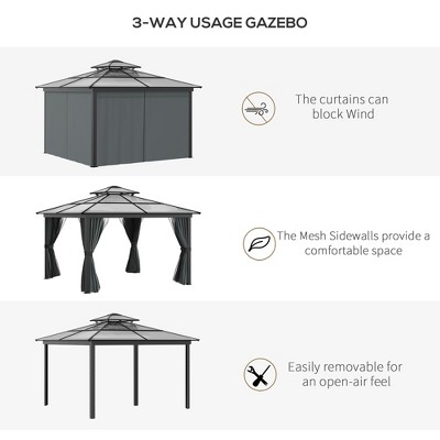 Black Aluminum Frame Hardtop Gazebo with Polycarbonate Roof and Curtains