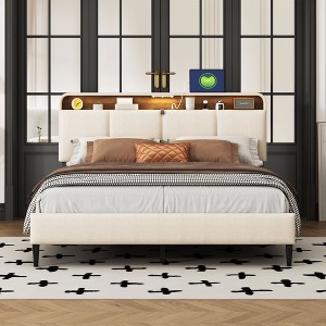 Queen/Full Size Upholstered Wooden Platform Bed Frame with Storage Headboard, Sensor Light and Sockets&USB Ports 4Q -ModernLuxe - 1 of 4