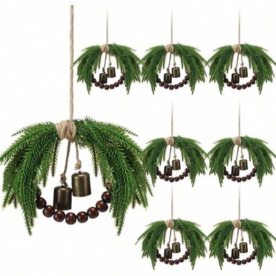 8 Pcs Small Norfolk Wreaths 8.6 Inch Kitchen Cabinet Rustic Xmas Decor with Wood Bead Bell Vintage Farmhouse Window Chair Wall Hanging