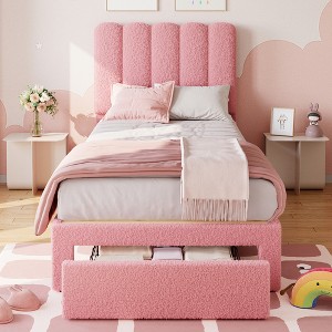 Twin Bed Frame with Storage Drawer and Headboard, Velvet Upholstered Twin Platform Bed Frame for Girls, Strong Wooden Slats Support, Noise-Free - 1 of 4