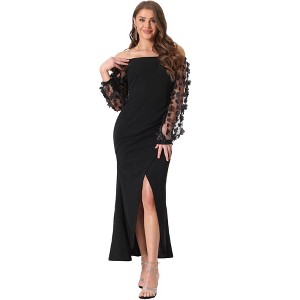 Allegra K Women's Elegant Long Sleeve Off Shoulder Cocktail Bodycon Ruched Split Midi Dress - 1 of 4
