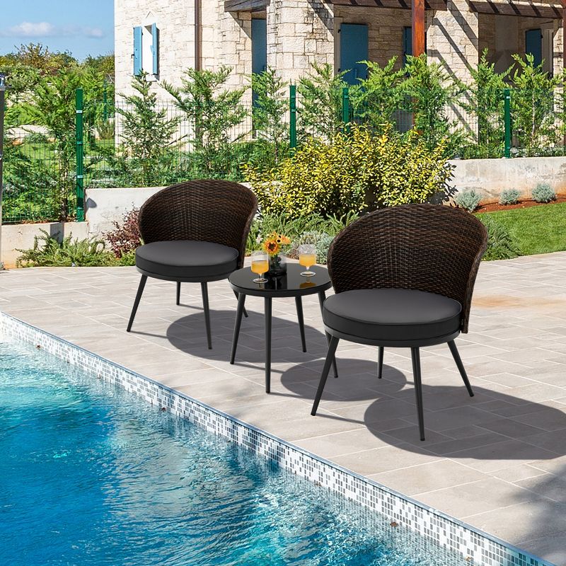 Costway 3PCS Patio Rattan Bistro Furniture Set Cushioned Chair Table Garden, 2 of 10