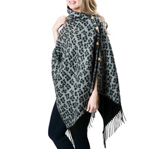 Women's Reversible Leopard Print Fringe Button Wrap Shawl Pullover - Top It Off - 1 of 2