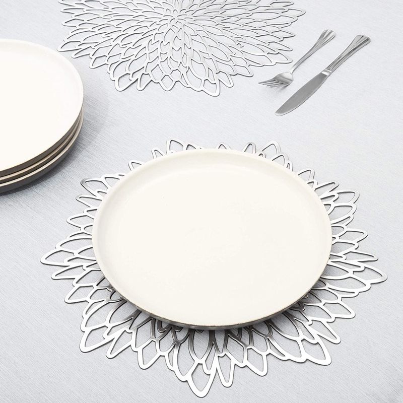 10 Pack Silver Metallic Vinyl Placemats for Thanksgiving, Christmas, Holiday, Leaf Design, 14.4 in, 3 of 9