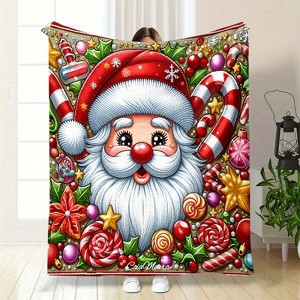 Lomsoe Santa Claus & Candy Cane Christmas Print Flannel Blanket - All Seasons Soft Cozy Warm Throw Blanket for Bed, Napping, Camping, Travel, Office - 1 of 4
