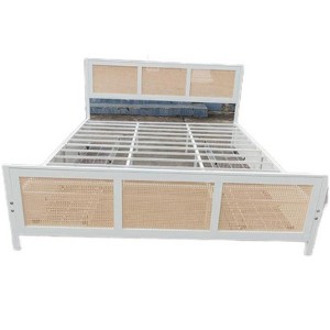 Natural Rattan Bed Frame with A Wooden Headboard and 4 Storage Drawers, Bohemian-Style Rattan Bed, Silent, No Mattress Support Needed - 1 of 2