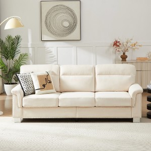 GDFStudio Prylo 82" Modern 3-Seater Iron and Wood Snow-Velvet Upholstered Sofa with Nailhead Trim - 1 of 4