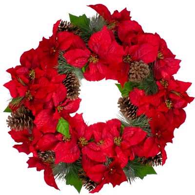 Allstate Floral Red Poinsettia Blooms and Pine Cone Artificial Christmas Wreath - 30-Inch, Unlit