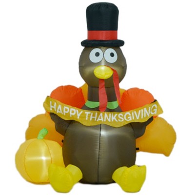 HOMCOM 5ft Inflatable Thanksgiving Turkey Pulls Banner with Pumpkin, Thanksgiving Decoration with LED Lights for Garden Indoor Outdoor