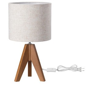 Itopfox Tripod Table Lamp with Linen Beige Shade, Small Bedside Nightstand Lamp for Nursery, Bedroom, Living Room, Light Brown Wooden Base E26 Socket - 1 of 4