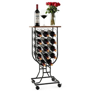 Costway 14 Bottles Wine Rack Console Table Freestanding Wine Storage with Woodtop & Wheels - 1 of 4