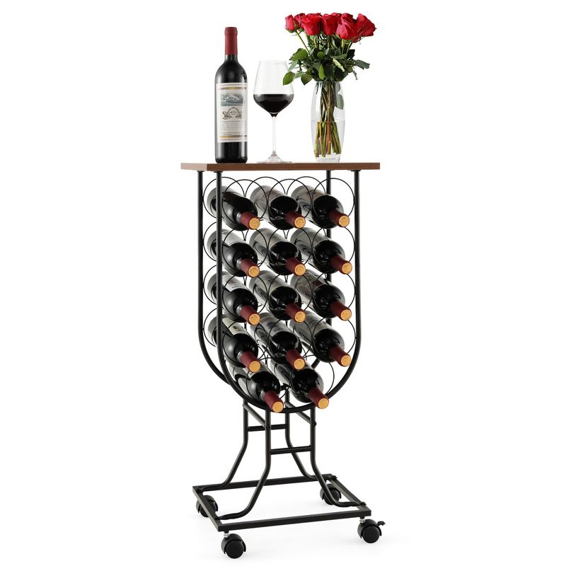 Costway 14 Bottles Wine Rack Console Table Freestanding Wine Storage with Woodtop & Wheels, 1 of 11