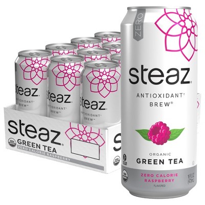 Steaz Organic Green Tea Zero Raspberry - 16 Fl Oz Can (Pack of 12)