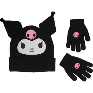 Hello Kitty's Kuromi Cuff 3D Beanie & Glove Set for Kids, Jacquard knit with Embriodered Appliques, Black - 1 of 2
