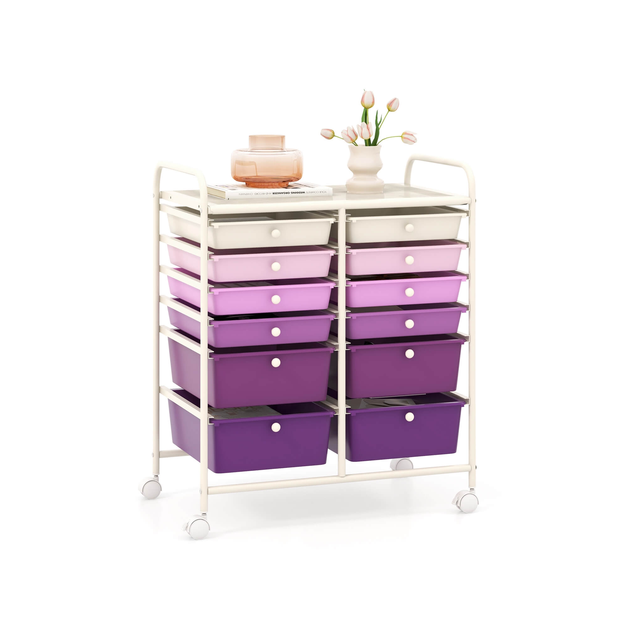 Costway 12-Drawer Rolling Storage Cart Organizer Cart with 2 Sizes Plastic Drawers Macaron Purple
