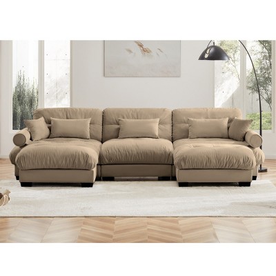 Modern 2 Seater Sofa With Ottoman, Sectional Sofas Large With 2 Ottoman, Large L Shape Sofa With Waist Pillow And Throw Pillows-Cuddlewood
