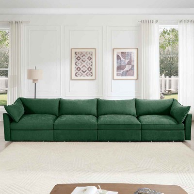 Modern 4-Seater Sofa with Crescent Armrests, Sectional Sofa with Pull-Out Storage Drawers, Sofa with Chenille Fabric Cushion-Cuddlewood