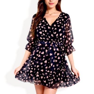 Elegant V-Neck Heart Print Dress