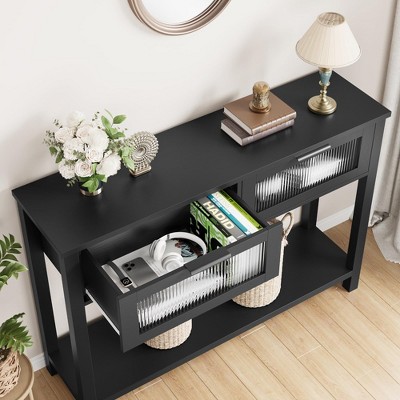 Black Wood and Glass Entryway Console Table with Storage