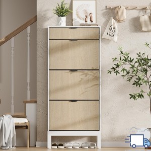 Jojoka 3-Drawer Slim Shoe Cabinet with Flip Doors and Drawer, Narrow Farmhouse Fluted Shoe Organizer with Adjustable Shelves for Entryway - 1 of 4