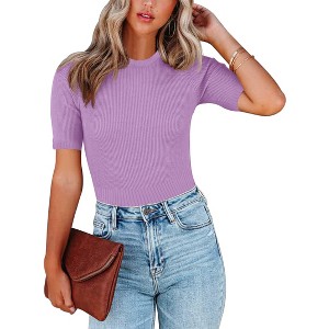 Coolmee Women's Casual Cropped Tops Sweater Knit Basic Going Out Slim Fit Short Sleeve Crew Neck Tight T Shirts - 1 of 3