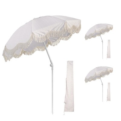 LAGarden LAGarde 3 Pack 6Ft Fringe Patio Umbrella with Push Button Tilt Carry Bag UV30+ Outdoor Yard Lawn Yard Party Purple Stripe