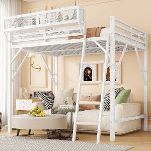Ridstar 82.7 in. W Queen Size Metal Loft Bed with Ladder & Storage Shelves for Kids & Teens-White - 1 of 4