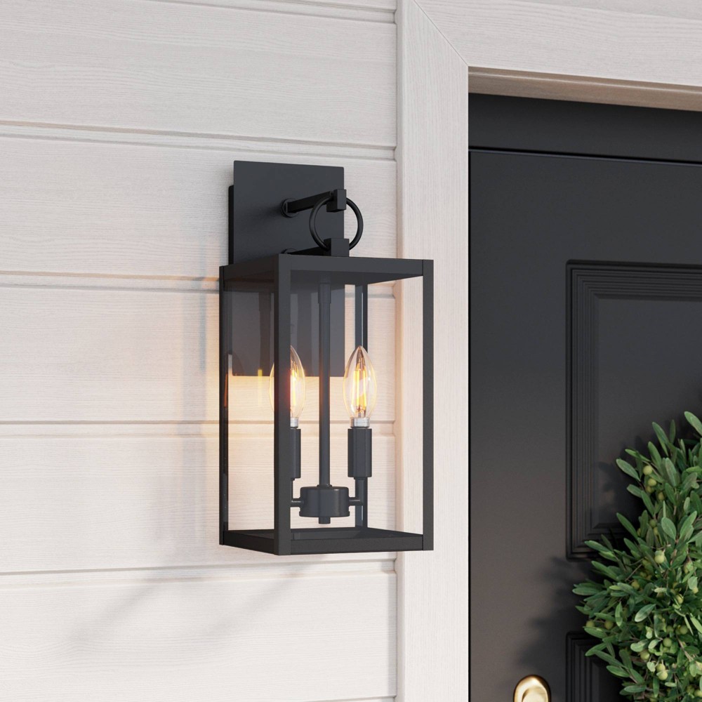 Ferris Outdoor Wall Sconce Light Fixture Black/Clear - Nathan James: Elegant Iron Frame, Clear Glass, 2 E12 Lights, Indoor/Outdoor Use