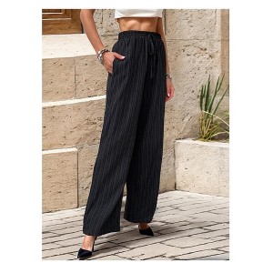 Coolmee Women Palazzo Pants Casual Drawstring Elastic Waist Striped Wide Leg Pants with Pockets - 1 of 4