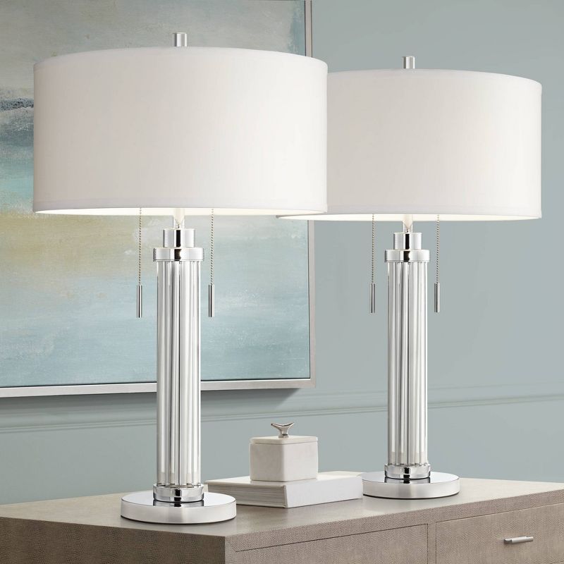 Possini Euro Design Cadence 30" Tall Glass Column Large Modern Glam End Table Lamps Set of 2 Pull Chain Clear Living Room Bedroom Bedside White Shade, 2 of 9