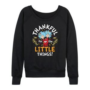 Women's - Dr. Seuss - Thanksgiving Is A Family Thing Lightweight French Terry Wide Neck Long Sleeve Graphic Shirt - 1 of 4