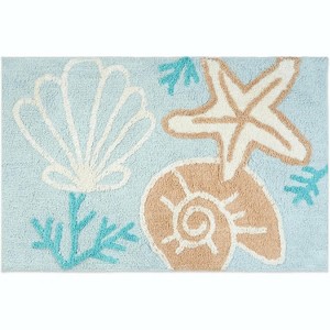 HomeRoots 32" Blue Tan And White Cotton Seashells And Coral Bath Rug - 1 of 4