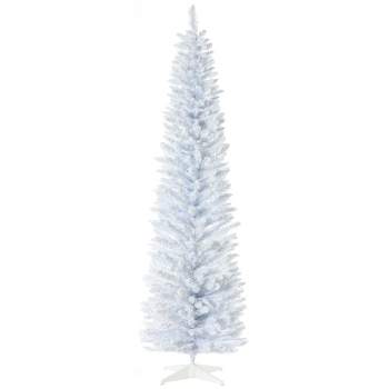HOMCOM 7 FT Snow Flocked Artificial Pencil Christmas Tree, Slim Xmas Tree with Realistic Branches and Plastic Base Stand for Indoor Decoration