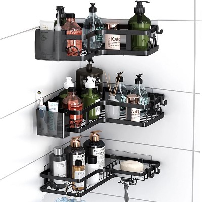 LunaLulinlk 5-Piece Corner Shower Shelf Set, No Drilling Required, Stainless Steel Shower Organizer with Hooks and Toothpaste Holder, Black